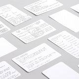 Strategist dot grid index cards laid out with various written notes